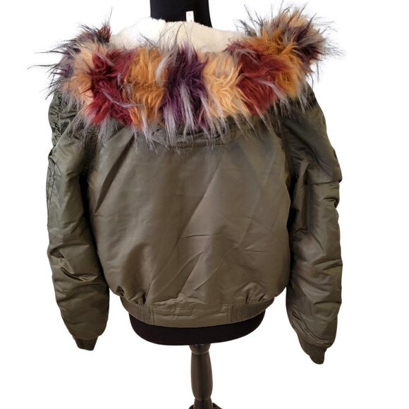 Pink platinum Bomber Jacket Army Green Faux Fur Hood Size Small Junior - Picture 5 of 15